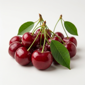 Freshly harvested deep red cherries with green stems and a natural glossy shine